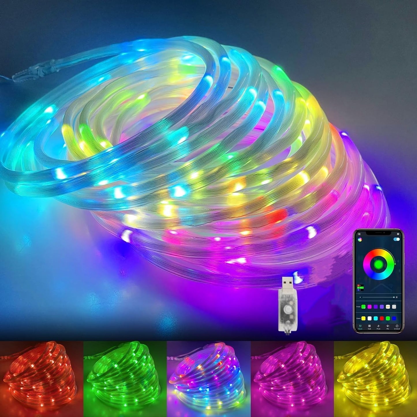 024 Bluetooth Smart LED Fairy RGB Rope Light Sync to Voice & Music, Timer, DIY Color Changing, 10M/33FT Waterproof Strip Light String Light with App Control, Outdoor Indoor Christmas Holloween