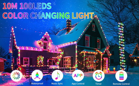 100LEDs Fairy RGB String Light USB 10M/33FT Waterproof String Light String Light with App Control, Outdoor Indoor Christmas Tree Decor, DIY Color Changing, Sync to Voice & Music, Timer